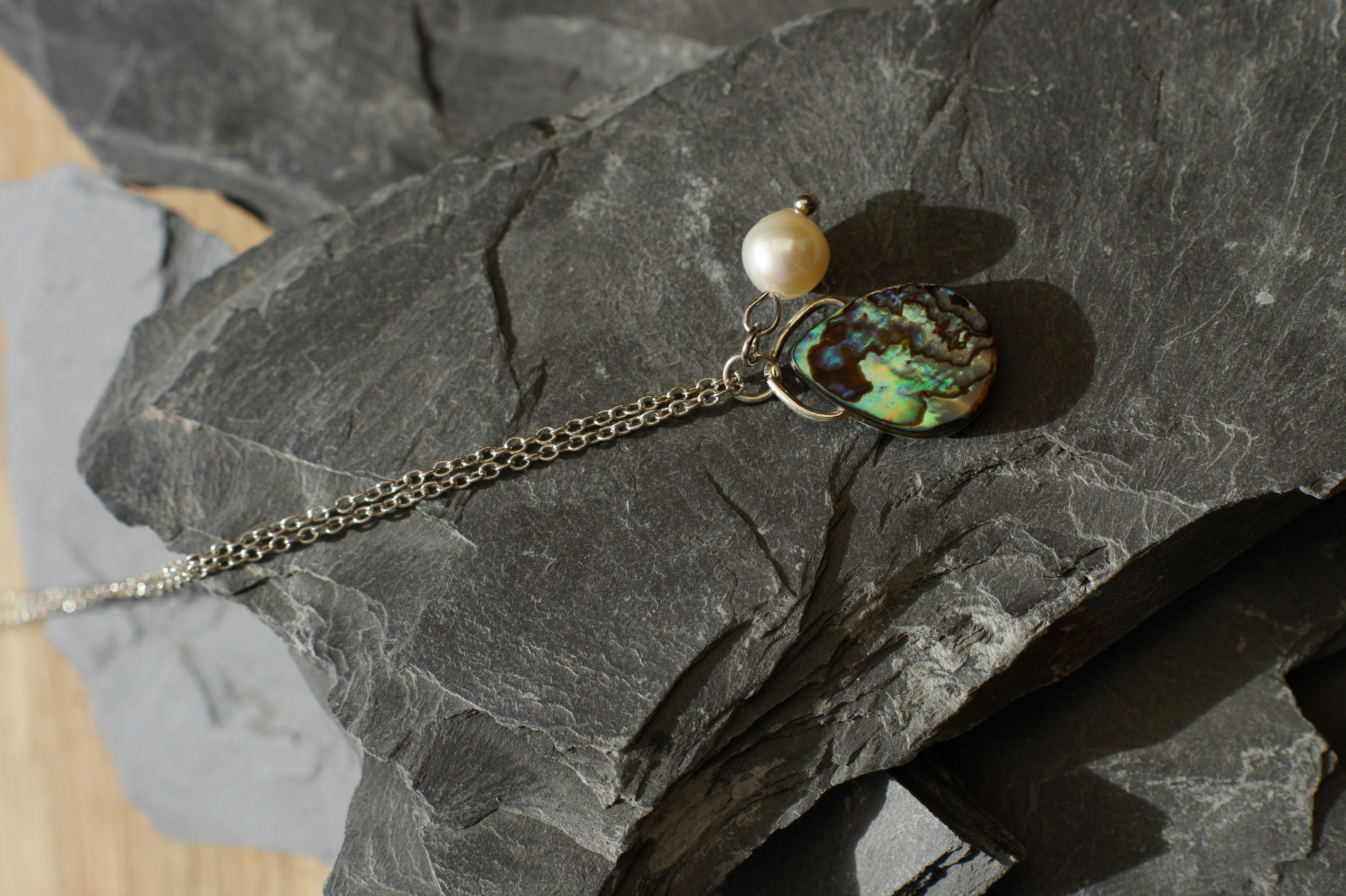 Silver Necklace with Abalone and Pearl Pendant