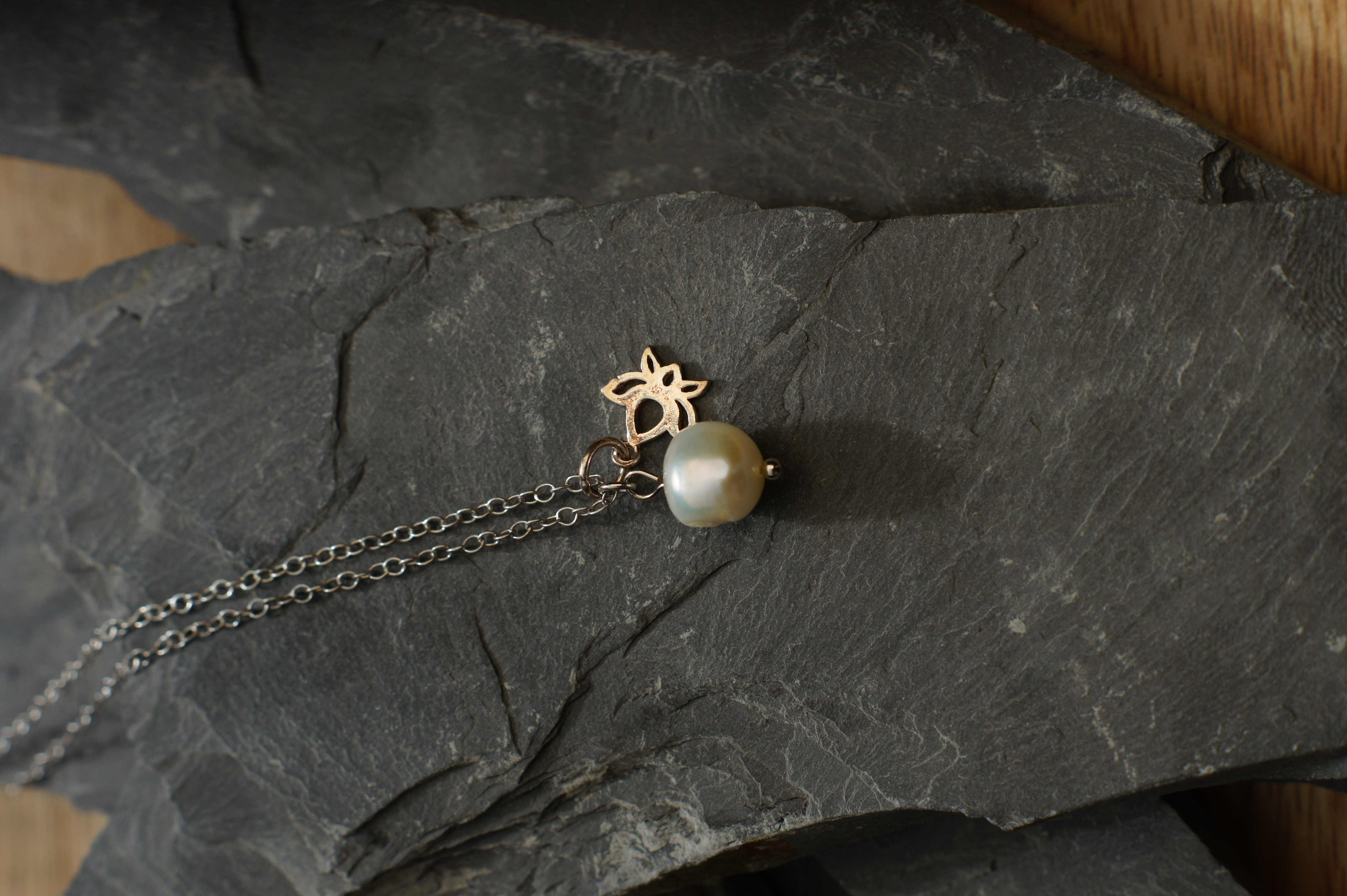 Silver Necklace with Pearl and Silver Lotus Pendant
