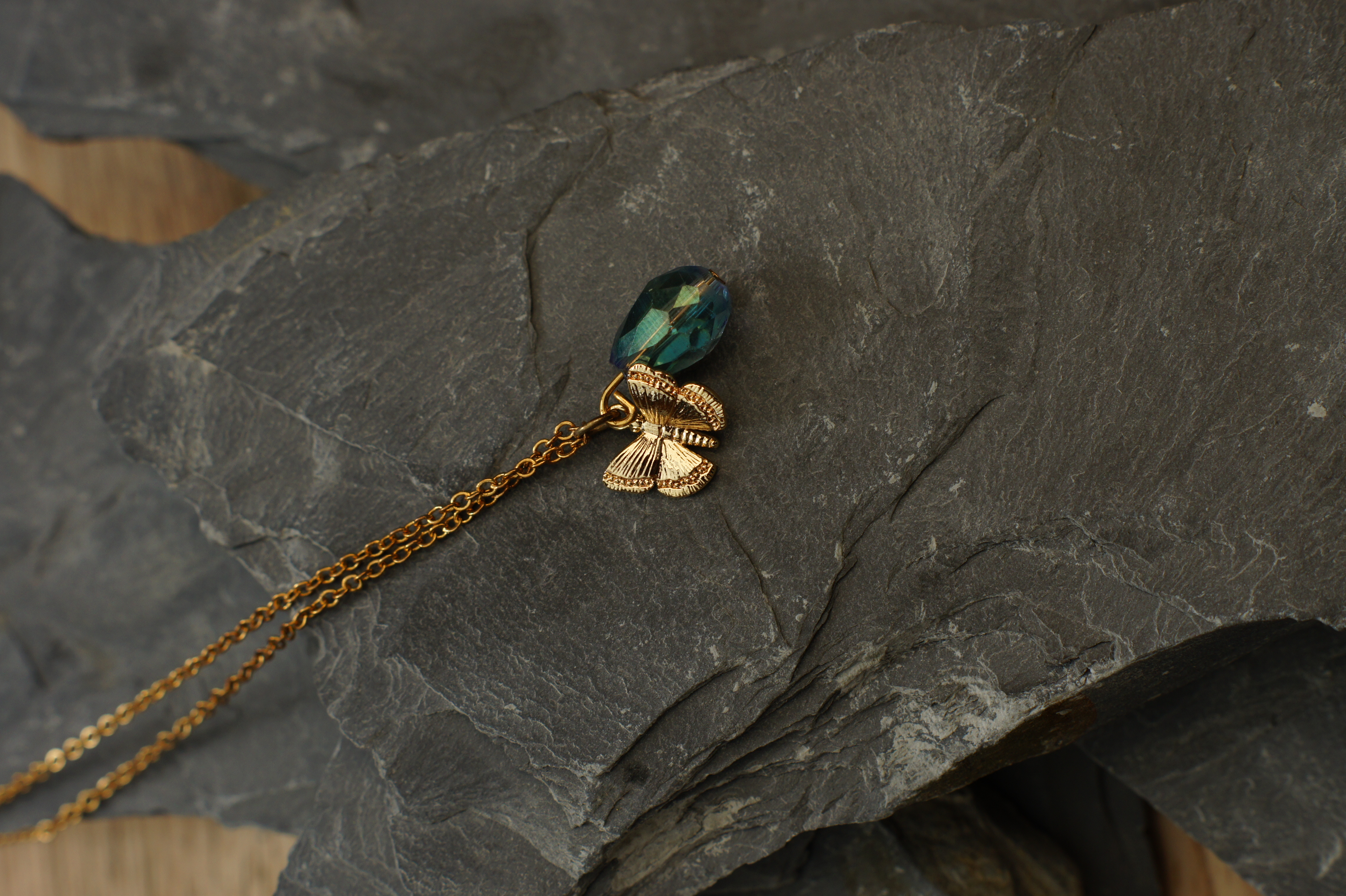 Gold Necklace with Butterfly and Crystal